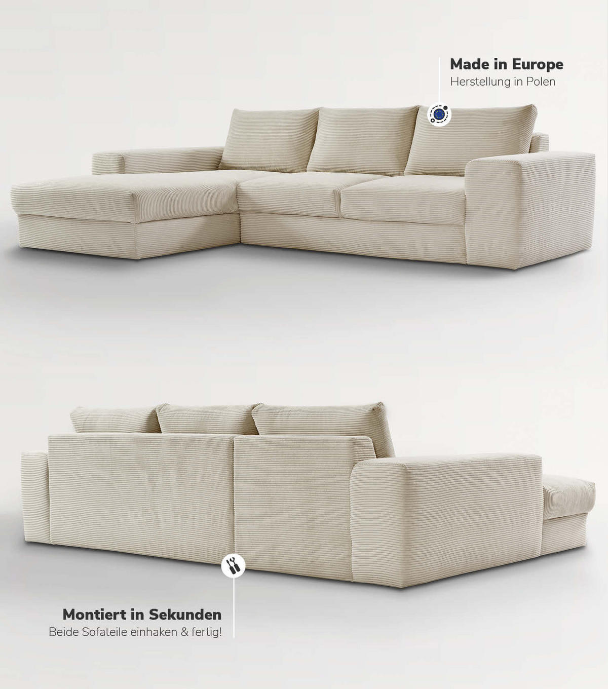 ECKSOFA Der Klassiker Recamiere links - Beige, Textil (280/190cm) - Mokebo