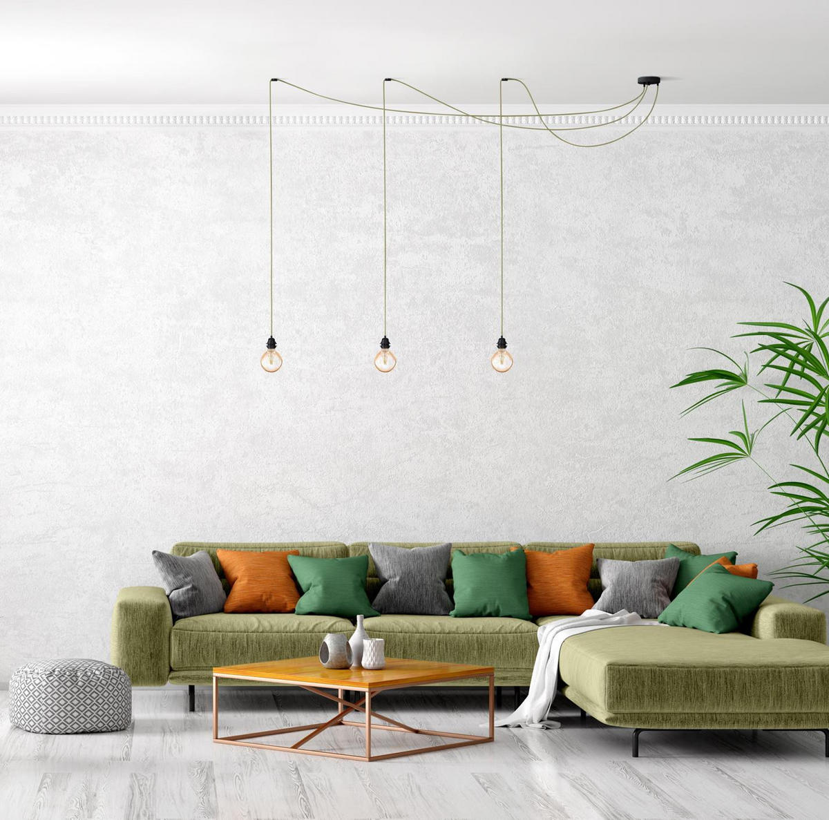 PENDELLEUCHTE Hang 3 Flammig Retro - Grün, Naturmaterialien (250/1/250cm) - HOOPZI
