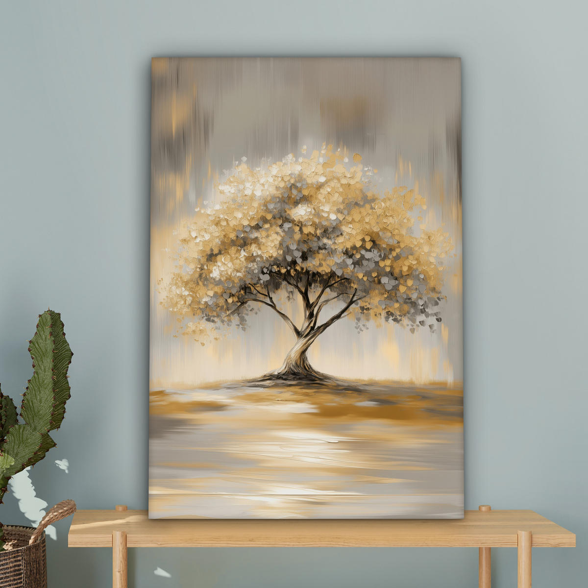 LEINWANDBILD Gemälde - Baum - Abstrakt - Blätter Wanddeko Schlafzimmer 60x90 cm - Beige, Textil (60/90cm) - MuchoWow