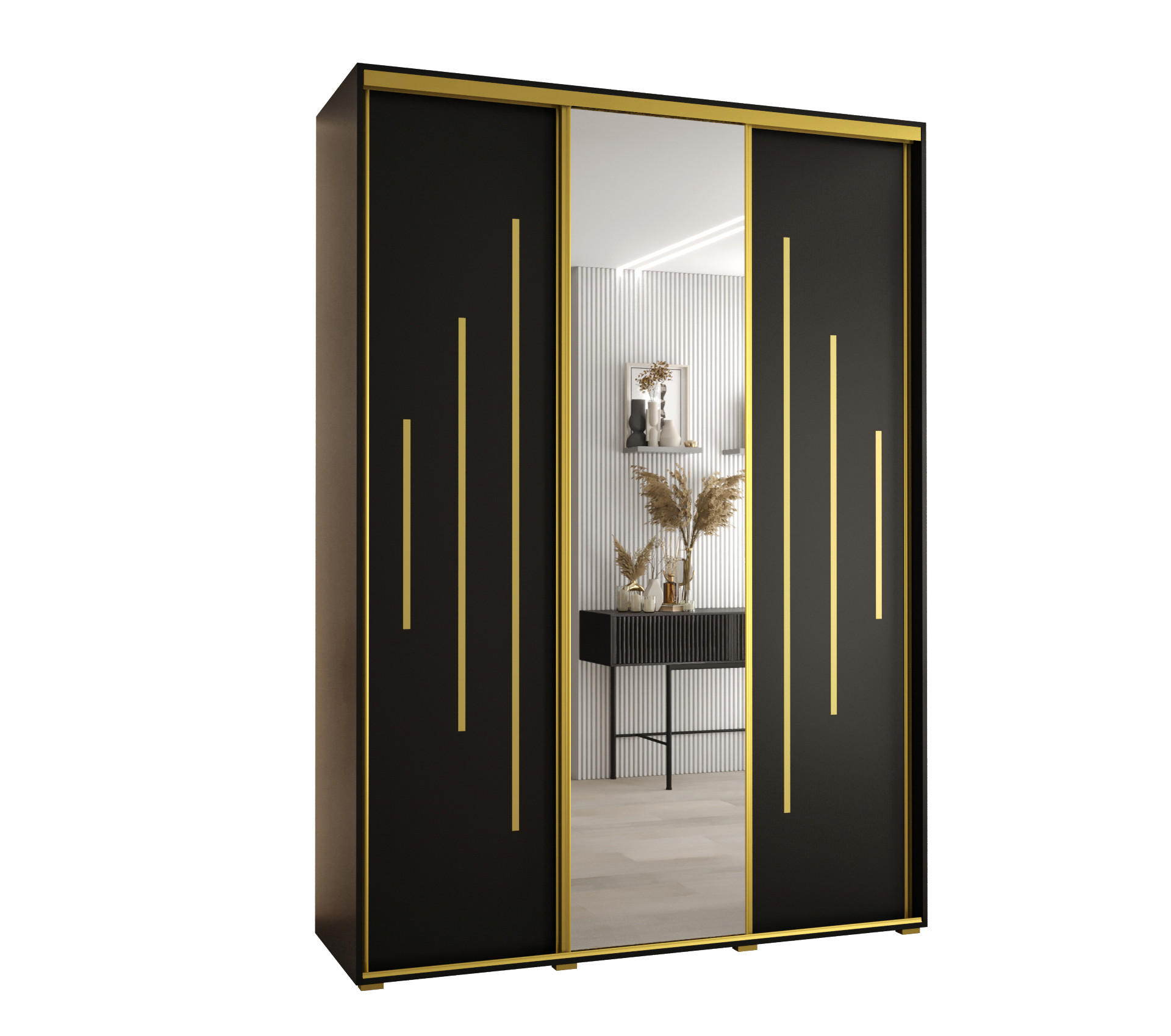 Abiks Möbel Schwebetürenschrank Schwarz, Schwarz, Gold 180x235x60 cm