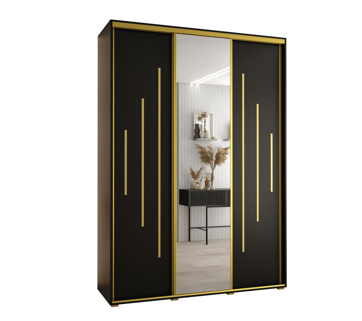 SCHWEBETÜRENSCHRANK 235,2/180/60 3-türig - Goldfarben/Schwarz, Holz/Metall (180/235/60cm) - Abiks Möbel