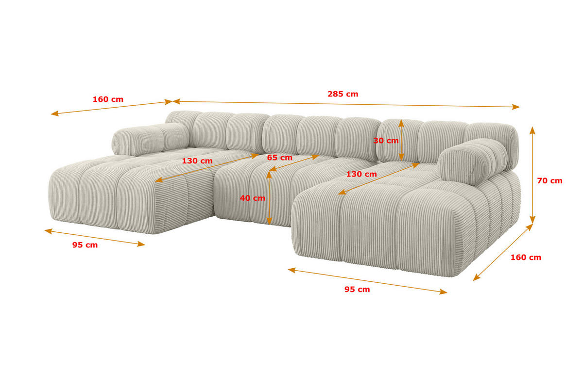 WOHNLANDSCHAFT modulares Sofa Tesso-U1 - 285x160x70 cm Hellgrau Cord - Hellgrau, Holzwerkstoff/Textil (285/70/160cm) - ALTDECOR