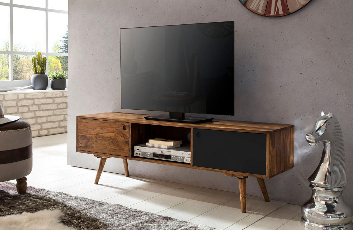 TV-LOWBOARD Massivholz, rustikaler Landhausstil, einzigartige Maserung, Schwarz 140x35x45 cm - Dunkelbraun/Schwarz, Holz (140/45/35cm) - KADIMA DESIGN