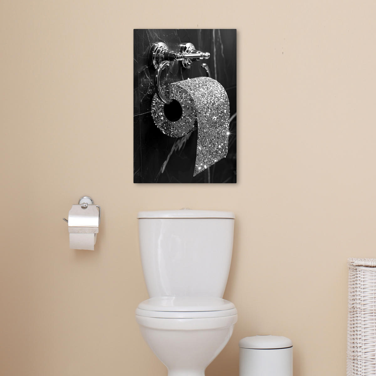 LEINWANDBILD WC - Toilettenpapier - Schwarz und weiß - Glitter 40x60 cm - Silberfarben, Textil (40/60cm) - MuchoWow