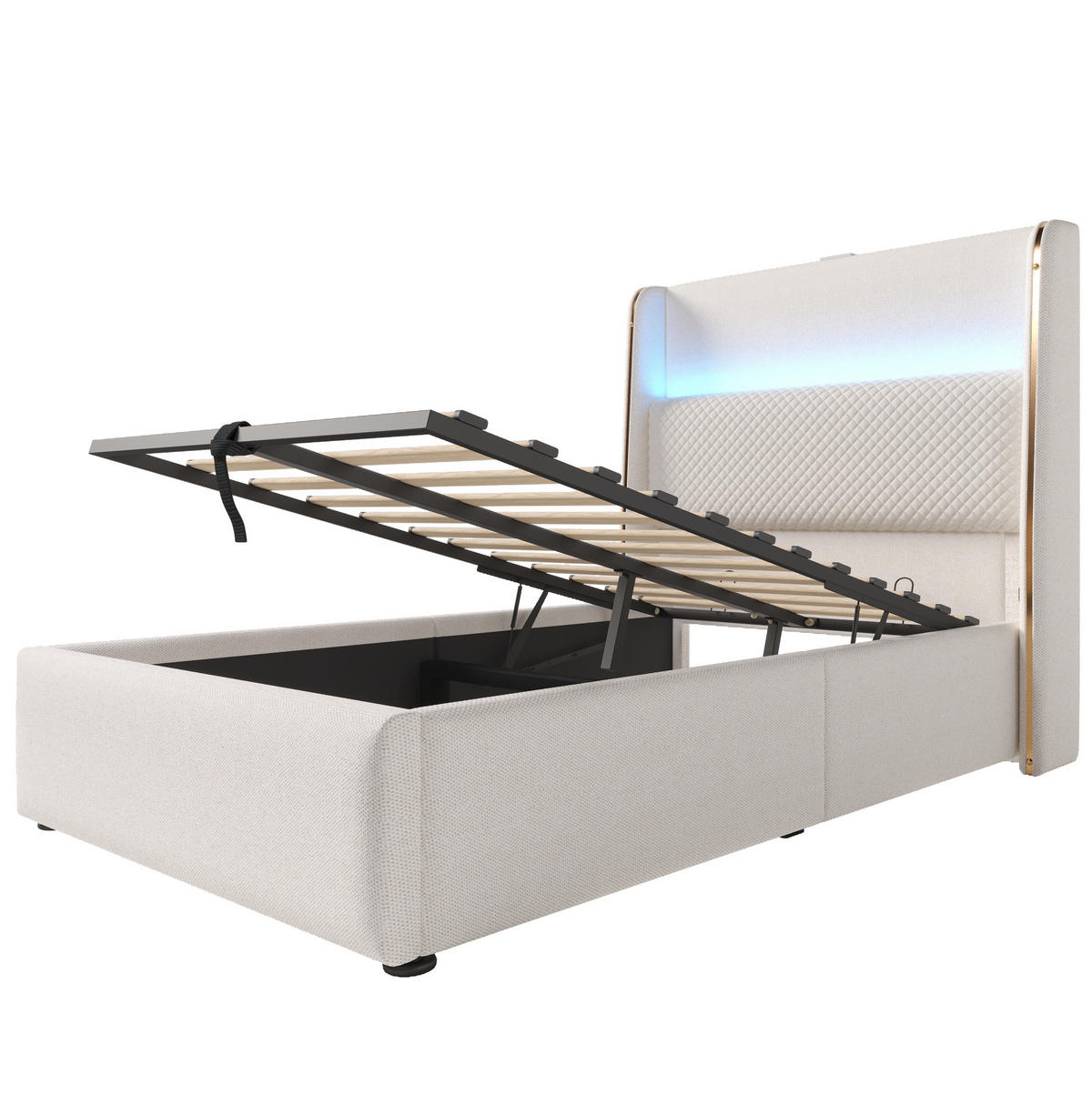POLNJENA postelja iz lanu 90x200 cm bež z visokim vzglavjem, LED osvetlitvijo, USB/Type-C priključkom in hidravličnim predalom - bež, tekstil (90/200cm) - Modfu