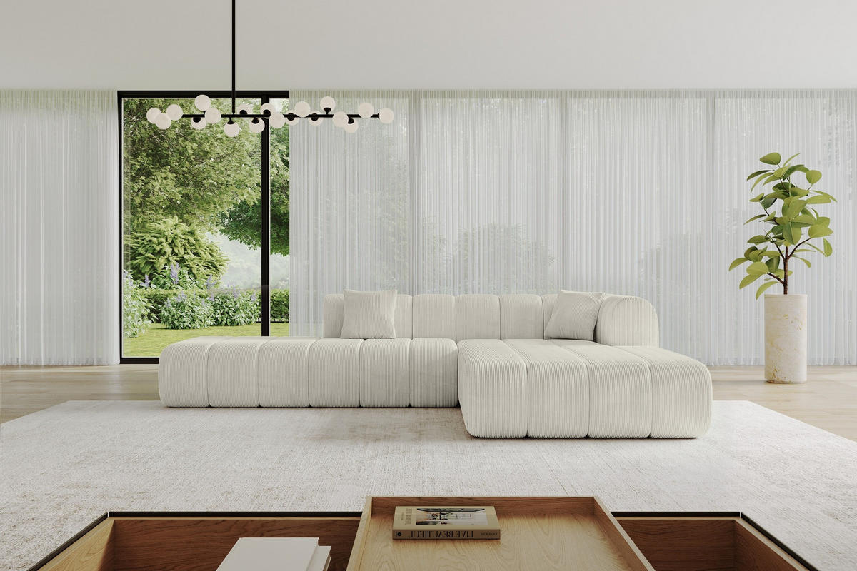 ROHOVÁ SEDAČKA s otomanem, pravá BILA-L 289x176x71 Krémová Manšestr - černá/krémová, kompozitní dřevo/textil (289/176cm) - ALTDECOR
