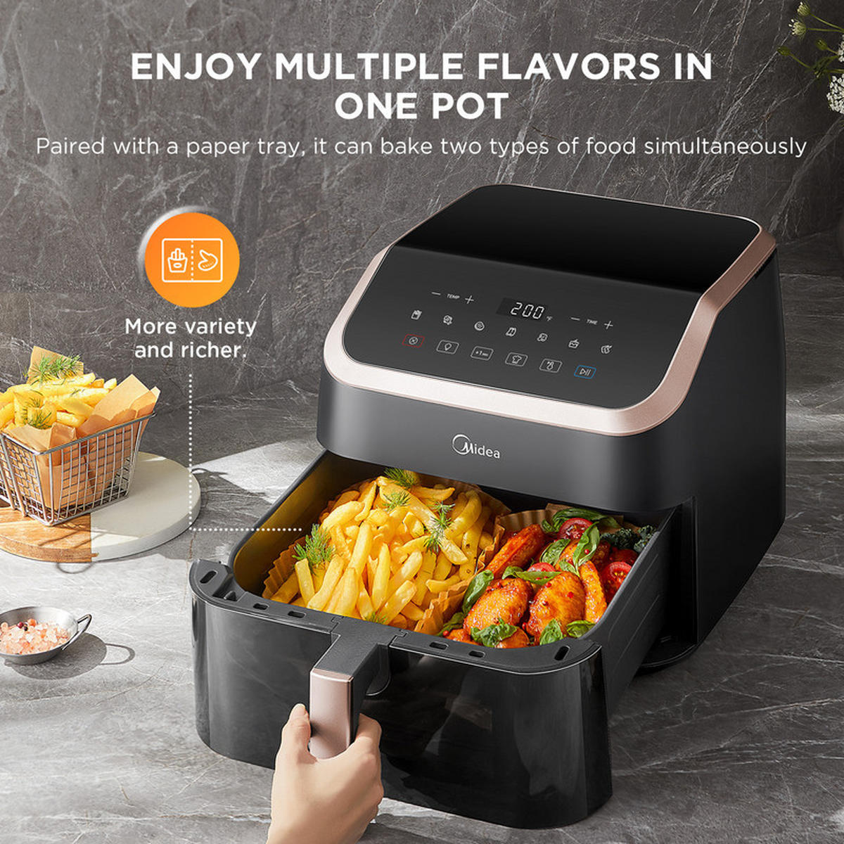 HEISSLUFTFRITTEUSE XXL – 9 L, 8-in-1, Öl-frei, Grillen, Backen, Braten - Schwarz, Metall (27/34/30cm) - Kaket