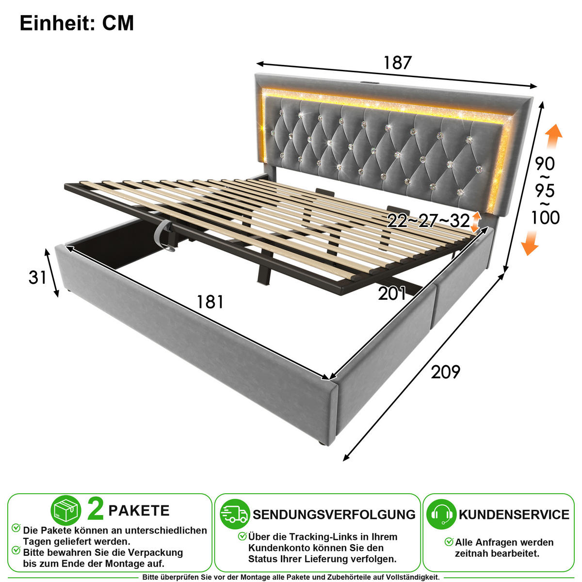 POLSTERBETT 180/200 cm in Grau Samt mit Bettkasten, LED und USB-C - Grau, Holzwerkstoff/Textil (180/200cm) - CHICFURN