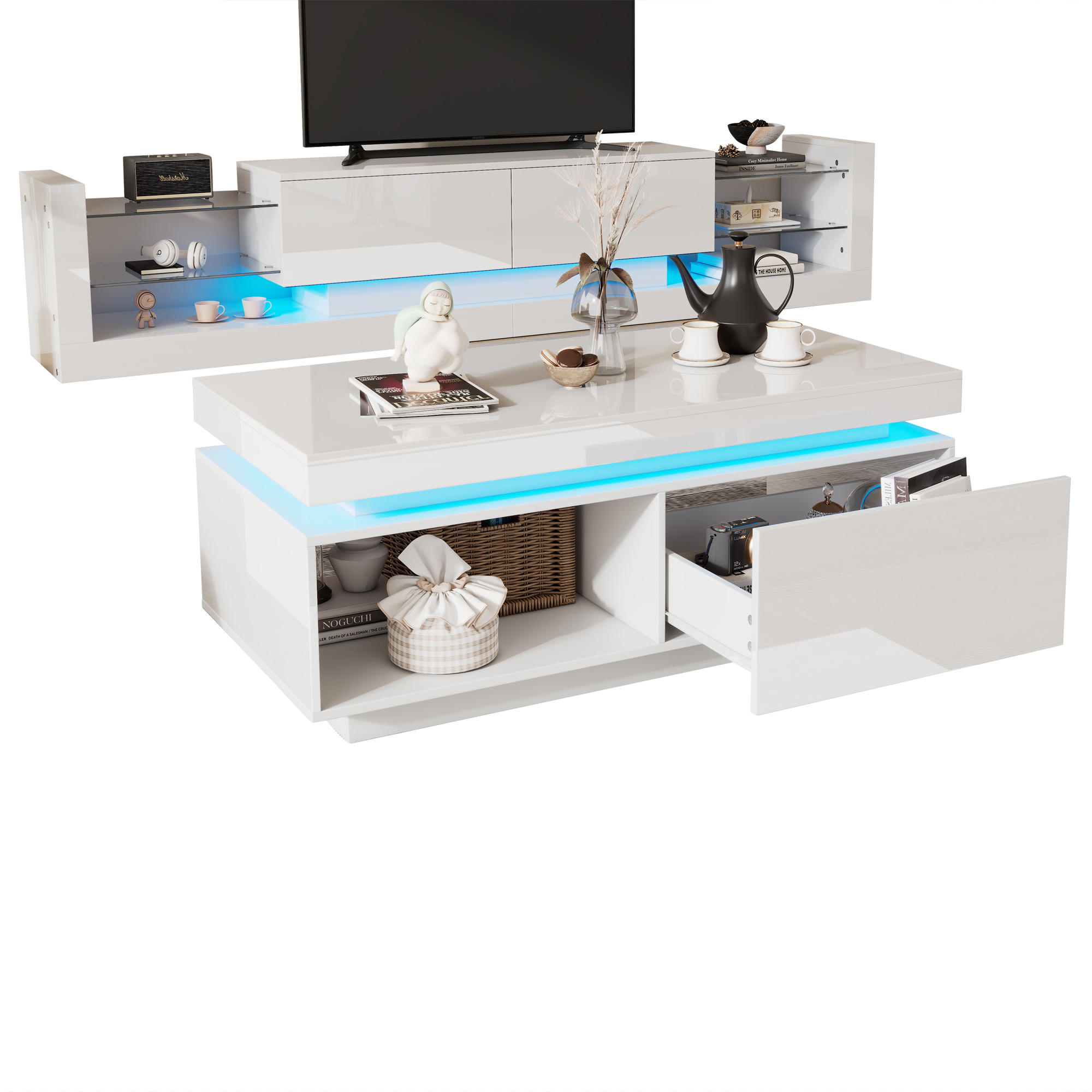 SET MOBILA TV Alb Lucios si Masa Cafea