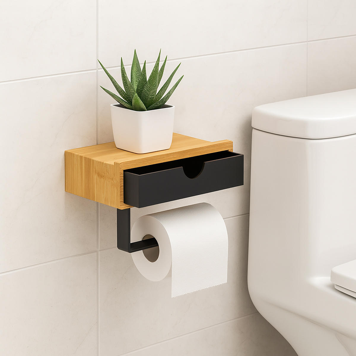 TOILETTENPAPIERHALTER Schwarz Natur Bambus Metall Wandmontage 13x18,5 cm - Multicolor, Holz/Kunststoff (18.5/13/10.5cm) - Relaxdays
