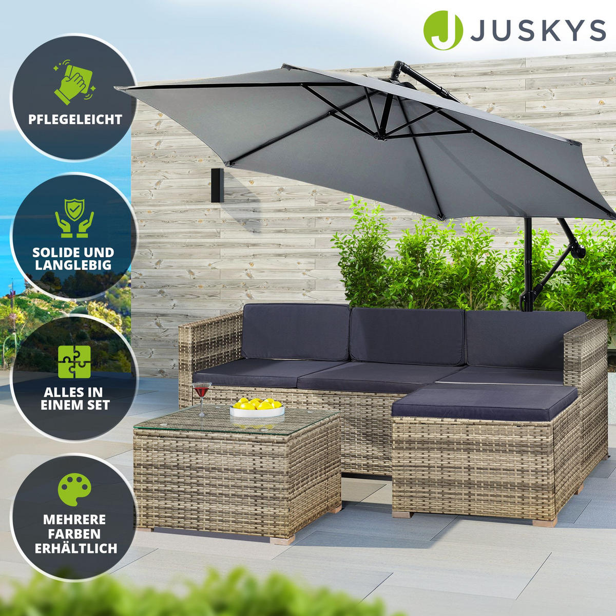 LOUNGEGARNITUR Punta Cana 3-tlg. - Beige/Grau, Kunststoff/Metall - Juskys