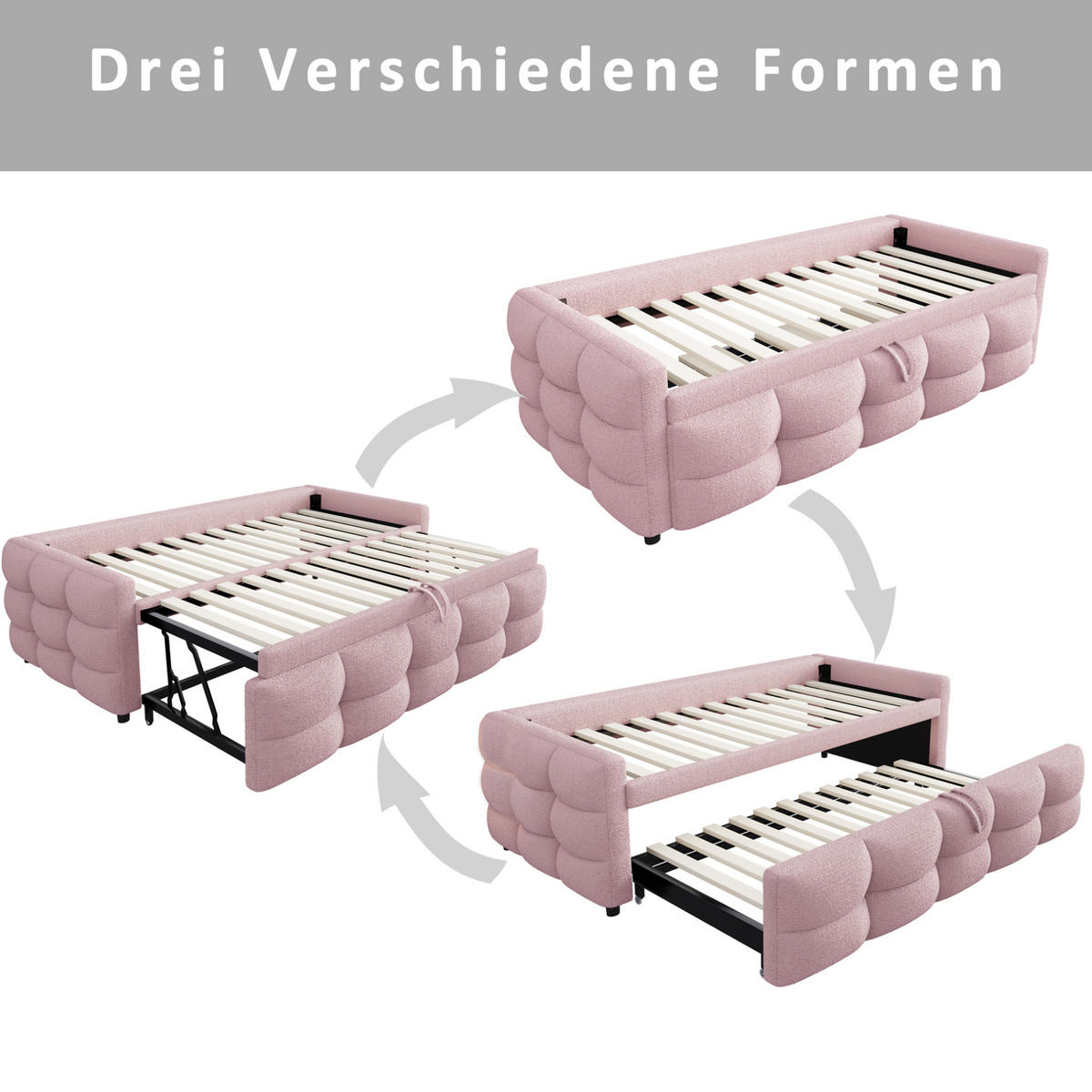POLSTERBETT 90/180/190 cm Rosa aus Teddy mit Ausziehfunktion - Rosa, Textil (90/190cm) - OKMYHOME