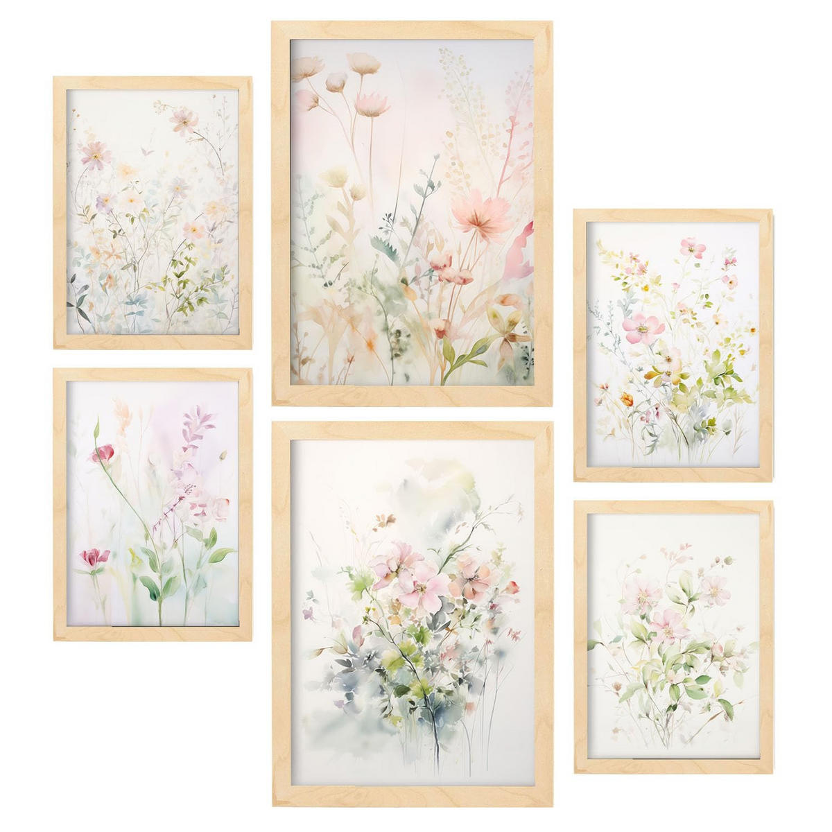 POSTER Set Mit 6 Blumensammlung A3 & A4 Rahmen Aus Hellem Holz - Beige, Papier (29/3cm) - Nacnic