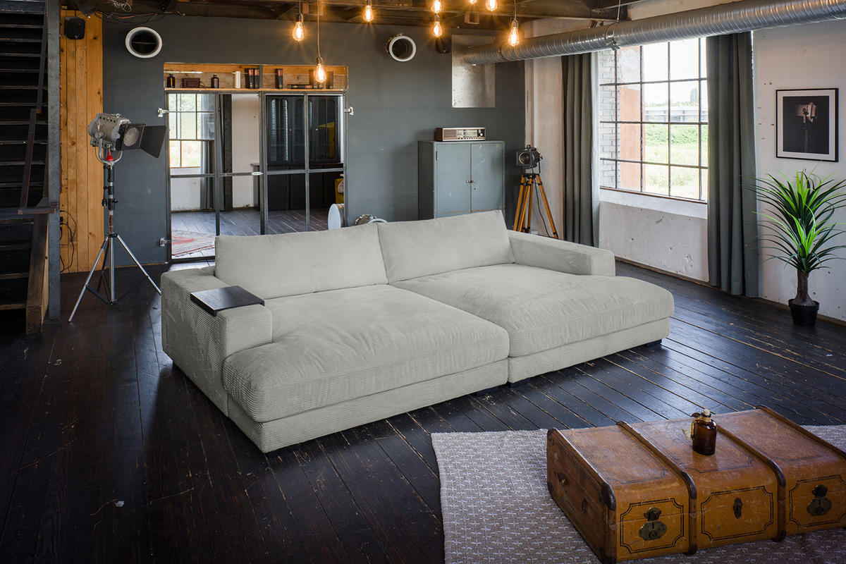 BIG SOFA XL MIT TABLETT SCHWARZ MADELINE Hellgrau Cord - Hellgrau/Schwarz, Kunststoff/Textil (290/85/190cm) - KAWOLA