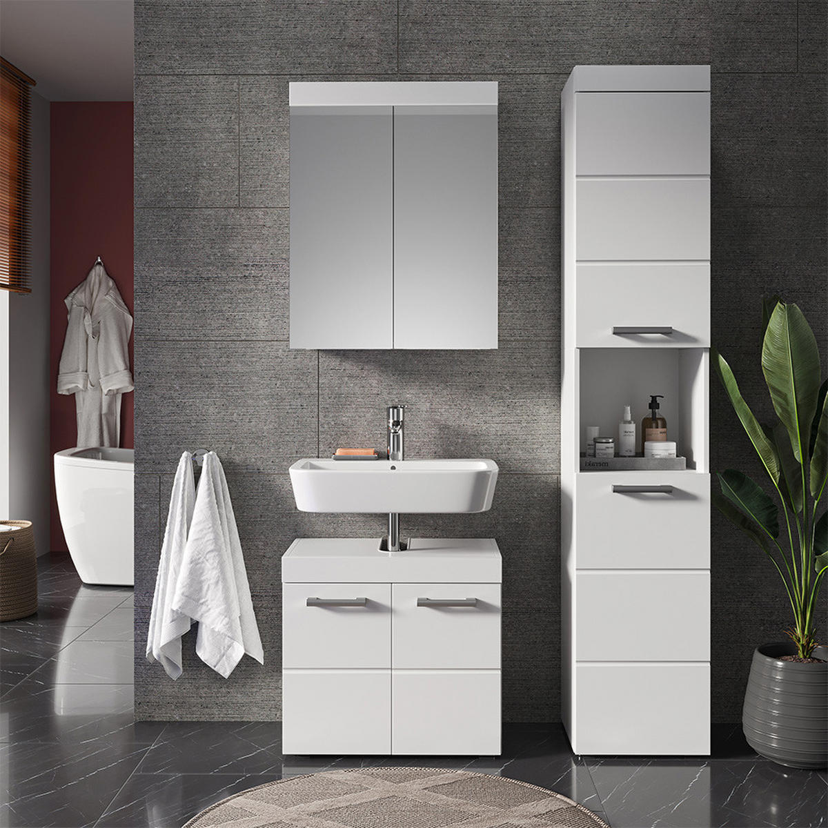 BADMÖBEL-SET Luna Weiß 3 Teile, mit Hochschrank - Weiß, Holzwerkstoff (60/56/34cm) - Vicco