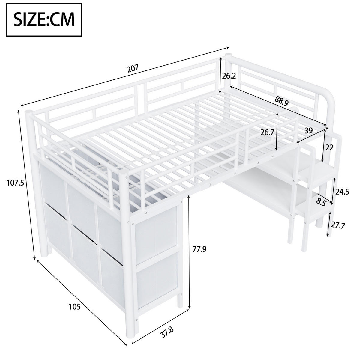 HOCHBETT 90/200 cm aus Metall mit Stauraum und breiter Treppe, Weiß - Weiß, Metall (90/200cm) - Flora Grace