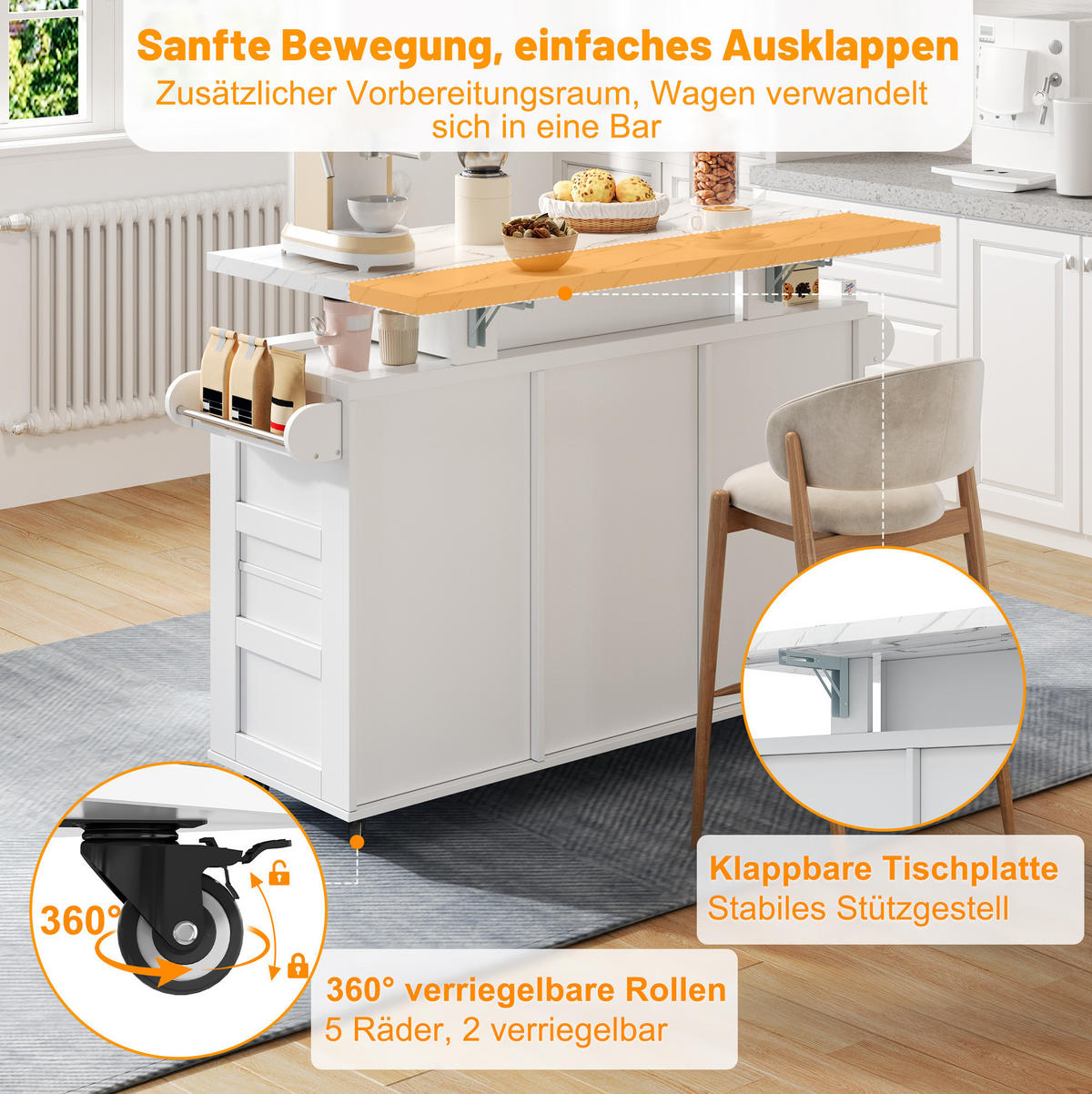 KÜCHENINSEL aus MDF 138x60x93 cm Weiß mit klappbarer Arbeitsplatte, LED-Beleuchtung und viel Stauraum - Weiß, Holzwerkstoff (138/93/60cm) - Modfu