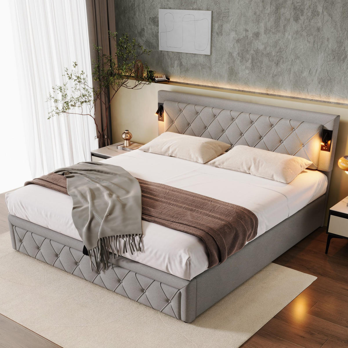 POLSTERBETT 180/200 cm aus Leinen mit Downlights, USB-Anschlüssen, hydraulischem Bettkasten und Lattenrost, Grau - Grau, Textil (180/200cm) - Redom