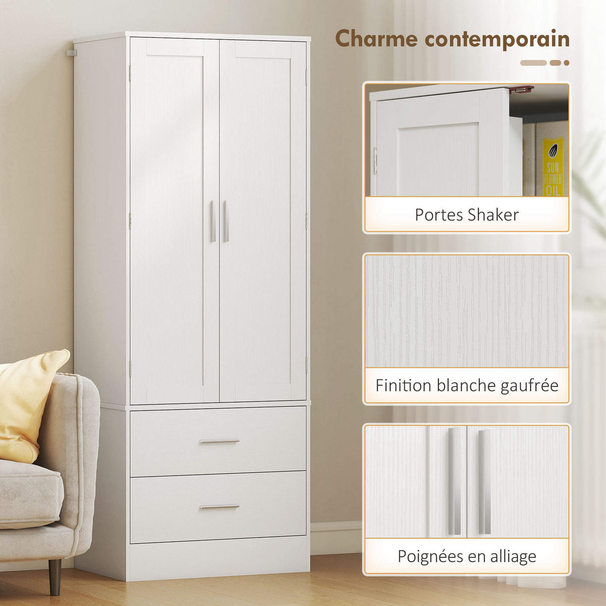 MEHRZWECKSCHRANK DE-11252 2 Türen & 2 Schubladen mit 8 Gewürzregalen Weiß - Weiß, Holzwerkstoff (40/159/60cm) - ComfortXL