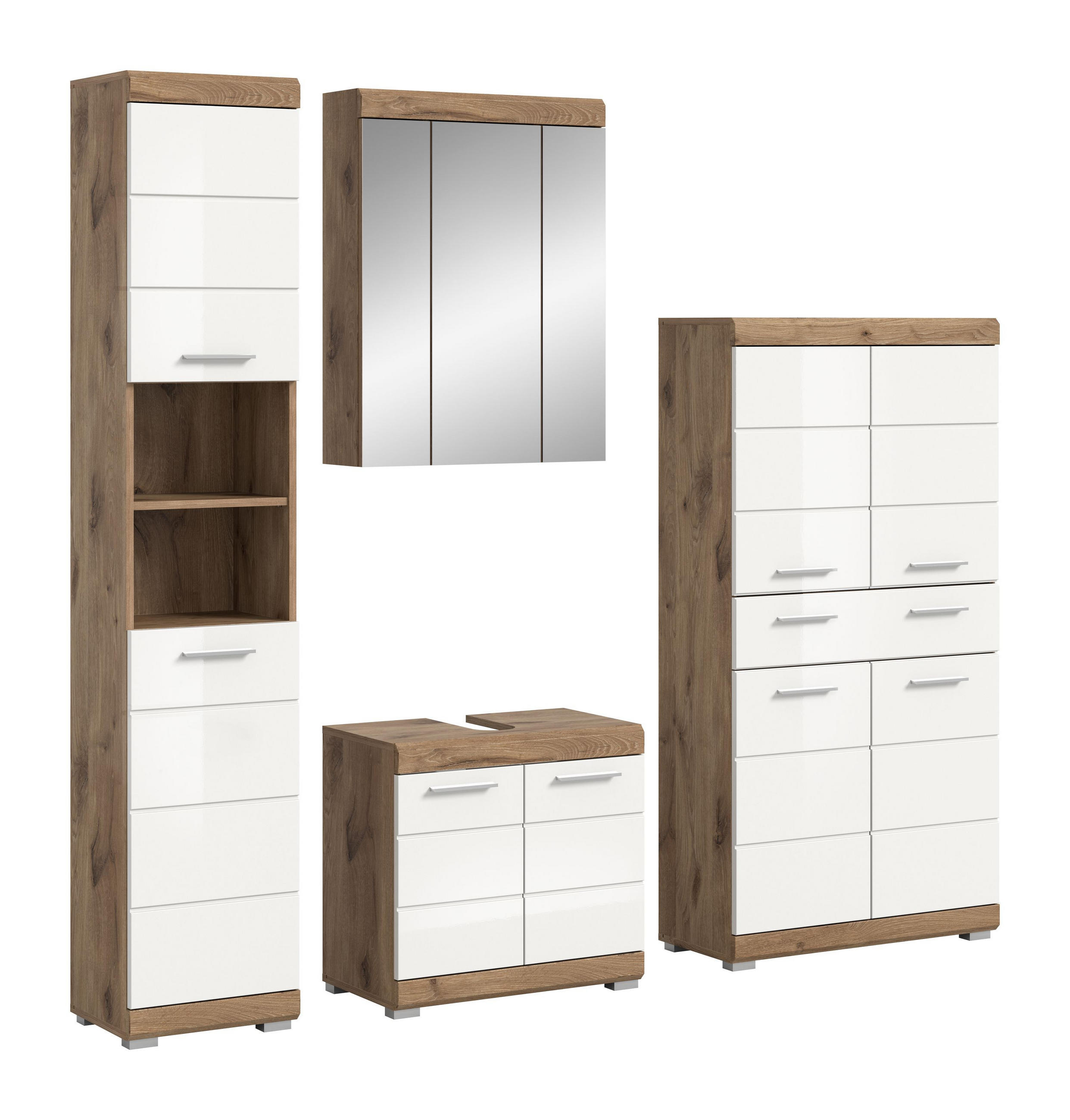 BADKOMBINATION 4tlg. Wave Bad in Nox Oak Nachbildung und weiß hochglanz B/H/T: 204x191x34 cm - Eichefarben, Holz (204/191/34cm)