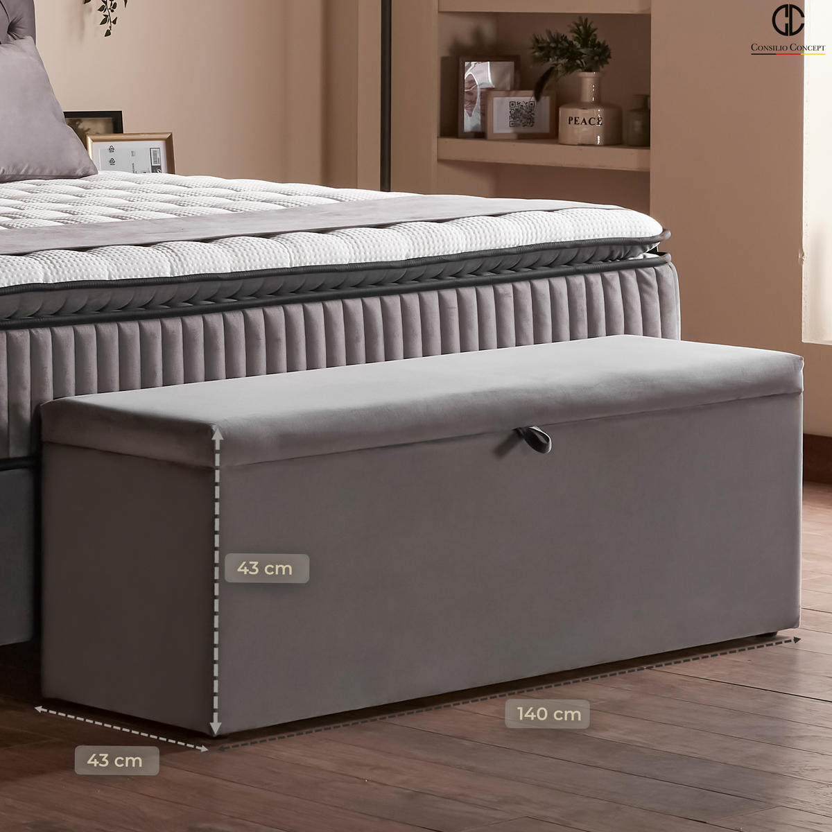 BETTBANK SIENA 140/43/43, Grau, Aufklappbar, mit Stauraum - Schwarz/Grau, Holz/Kunststoff (140/43/43cm) - Consilio Concept