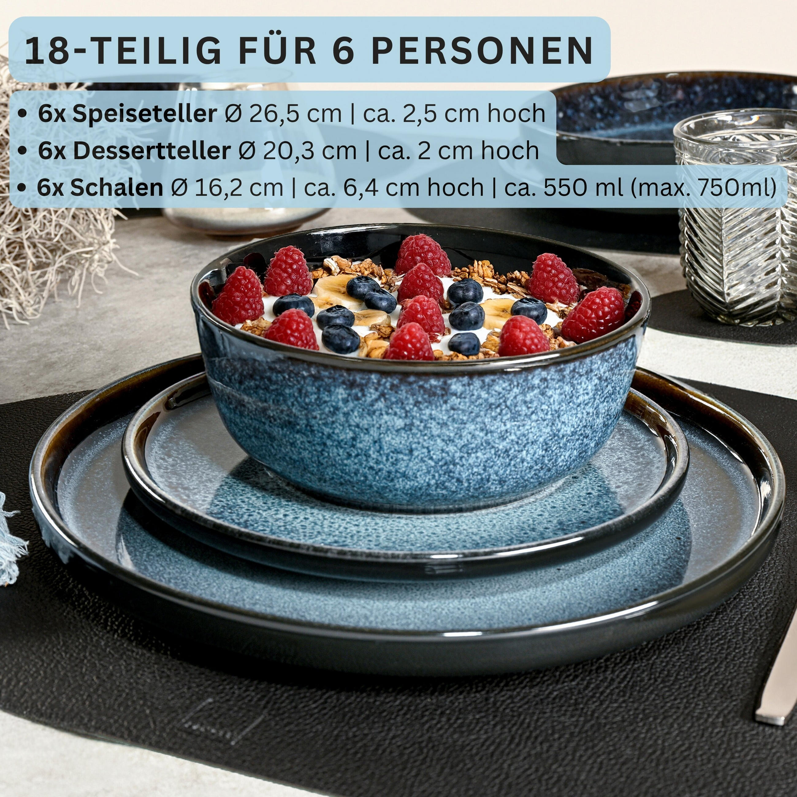 TAFELSERVICE OSAKA - 18 teilig aus Steingut - Blau, Stein (27/6.5/27cm) - Sänger