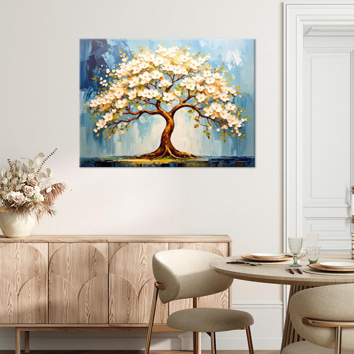 LEINWANDBILD Baum des Lebens Blühende Zweige 120x80cm - Blau, Textil (120/80cm) - Feeby