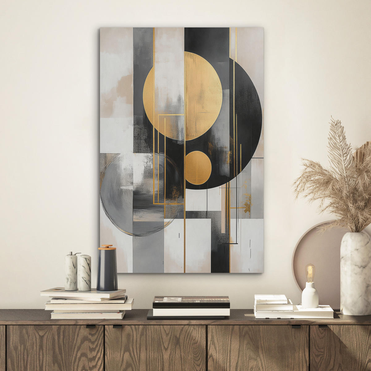 AKUSTIKBILD Abstrakt - Gold - Silber - Formen - Ästhetisch - Modern Kunstdruck Schlafzimmer 50x70 cm - Goldfarben, Kunststoff (50/70/0.9cm) - MuchoWow