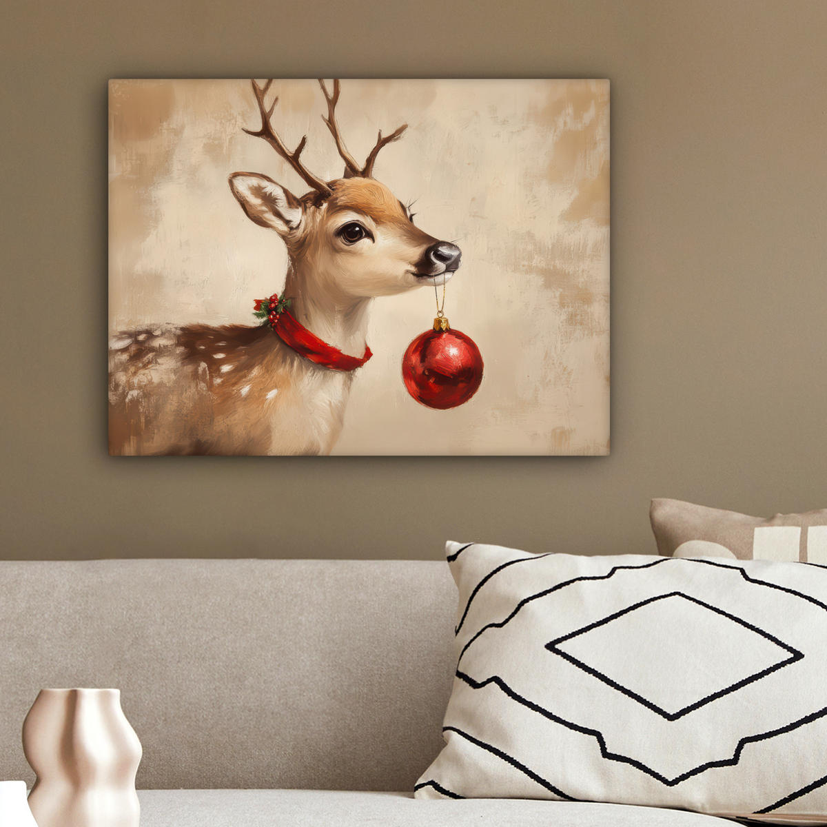 LEINWANDBILD Weihnachten - Hirsch - Geweih - Weihnachtskugel - Rentier 40x30 cm - Hellbraun, Textil (40/30cm) - MuchoWow