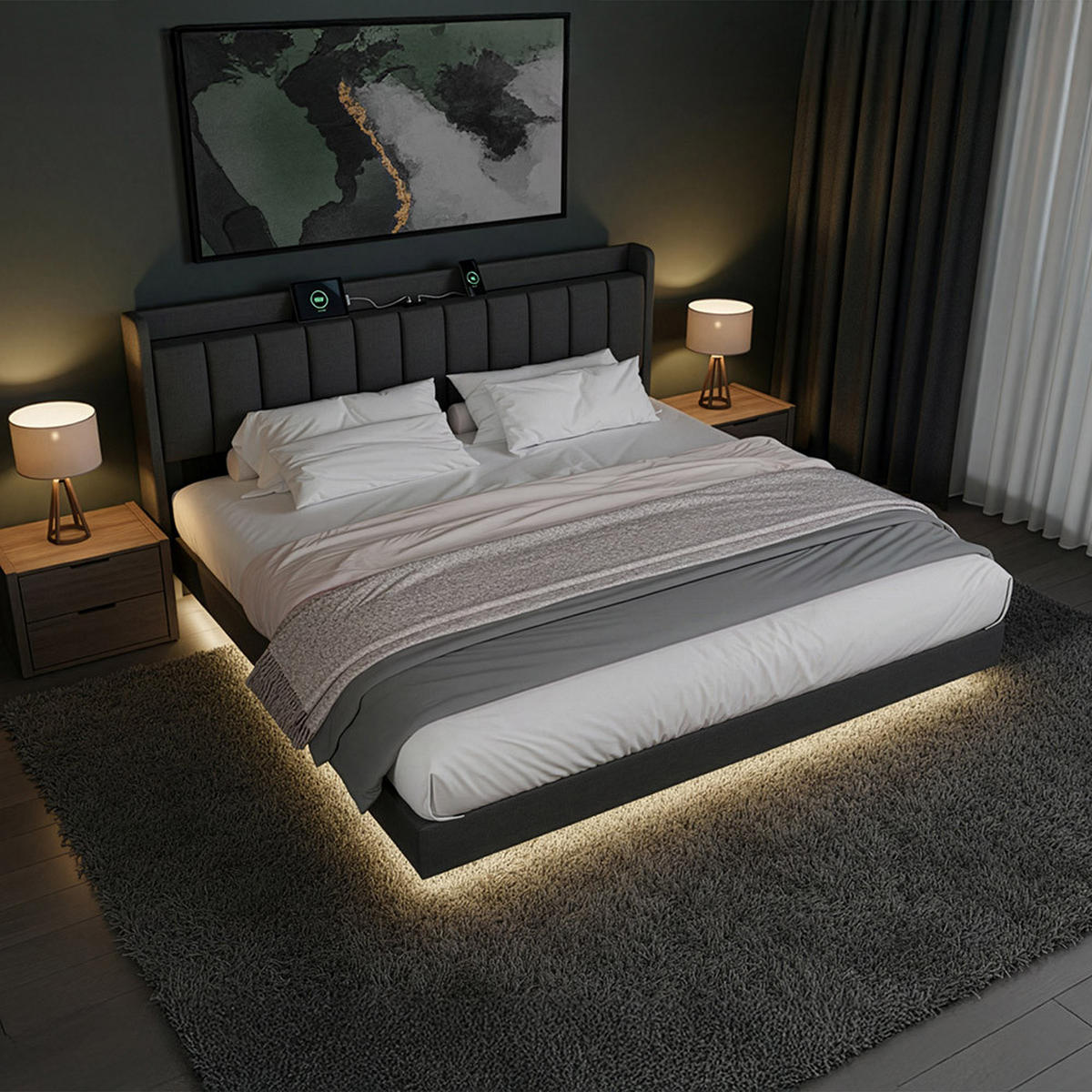 LED BETT MELURA - Dunkelgrau, ohne Matratze - Dunkelgrau, Kunststoff - Home Deluxe