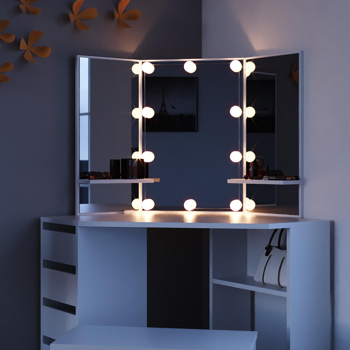 ECKSCHMINKTISCH Arielle Weiß 110 cm mit LED Beleuchtung und Bank - Weiß, Holzwerkstoff (110/141.5/54cm) - Vicco
