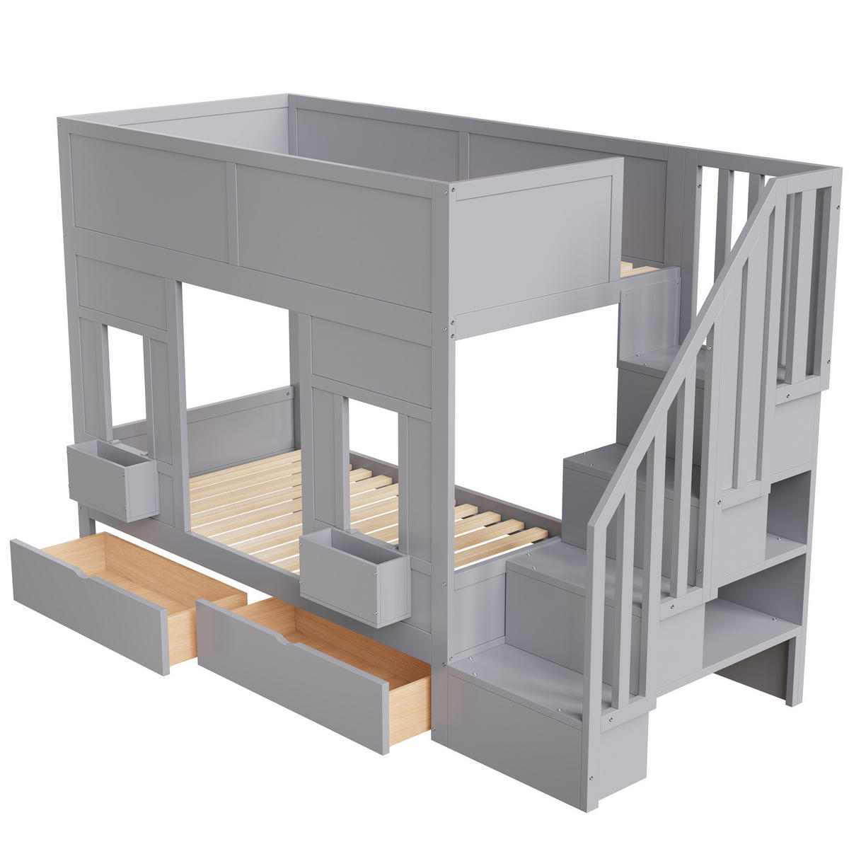 ETAGENBETT 90/200 cm mit Stauraumtreppe, Schubladen und Fensterdesign,Grau - Grau, Holzwerkstoff (90/200cm) - Redom