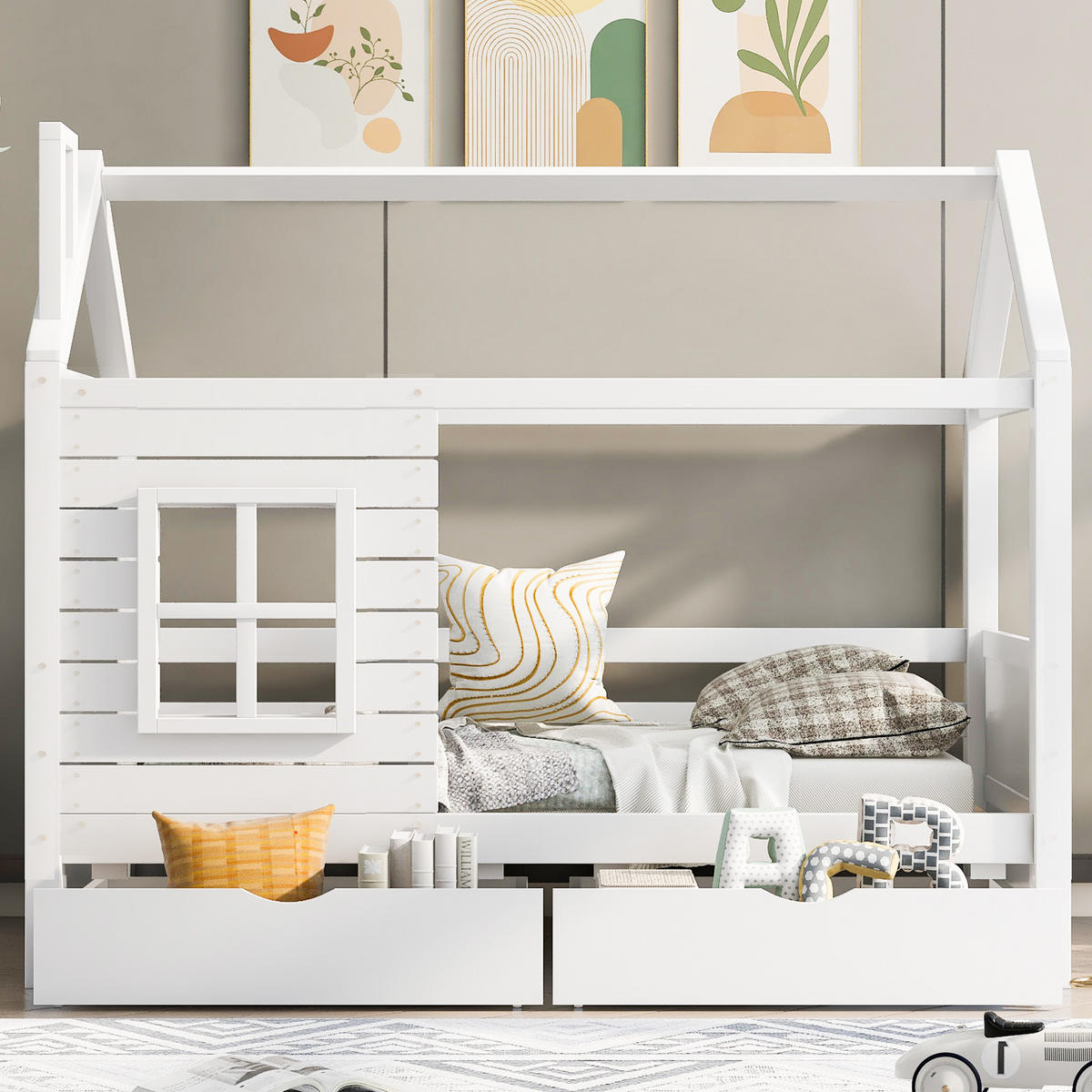 HAUSBETT 90x200cm Weiß Mit Rausfallschutz Fenster & Lattenrost - Weiß, Holzwerkstoff (90/200cm) - FLIEKS