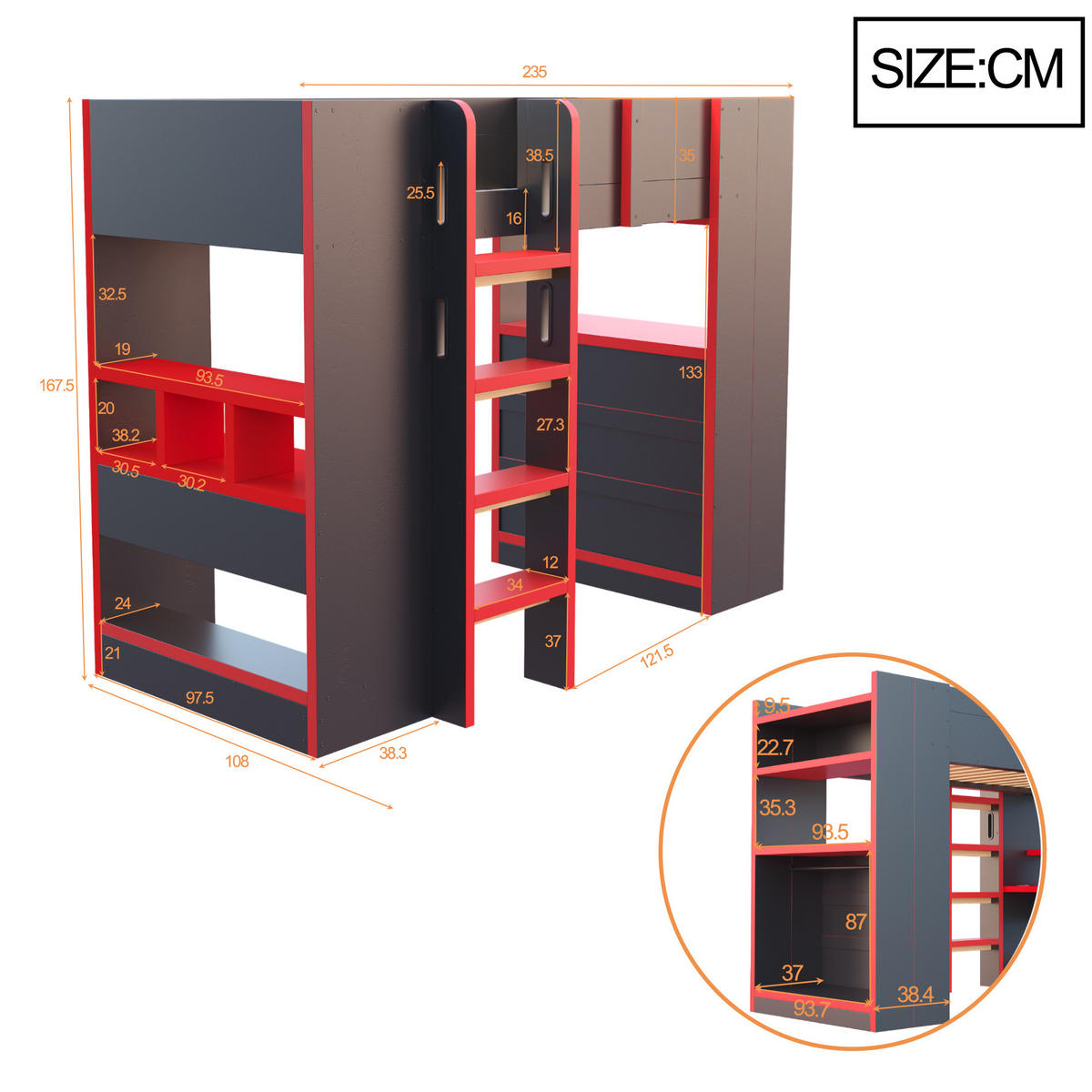 HOCHBETT 90/200 cm mit Schreibtisch, LED und Steckdose, DE-41602, in Schwarz/Rot - Schwarz, Holzwerkstoff (90/200cm) - ComfortXL