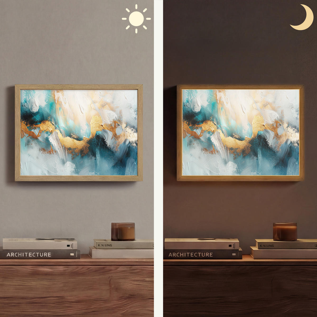 NÁSTĚNNÁ LAMPA S AKUMULÁTOREM Abstraktní - umění - zlatá - modrá 40x30 cm - tyrkysová, kompozitní dřevo (40/30/8cm) - OnlyWow