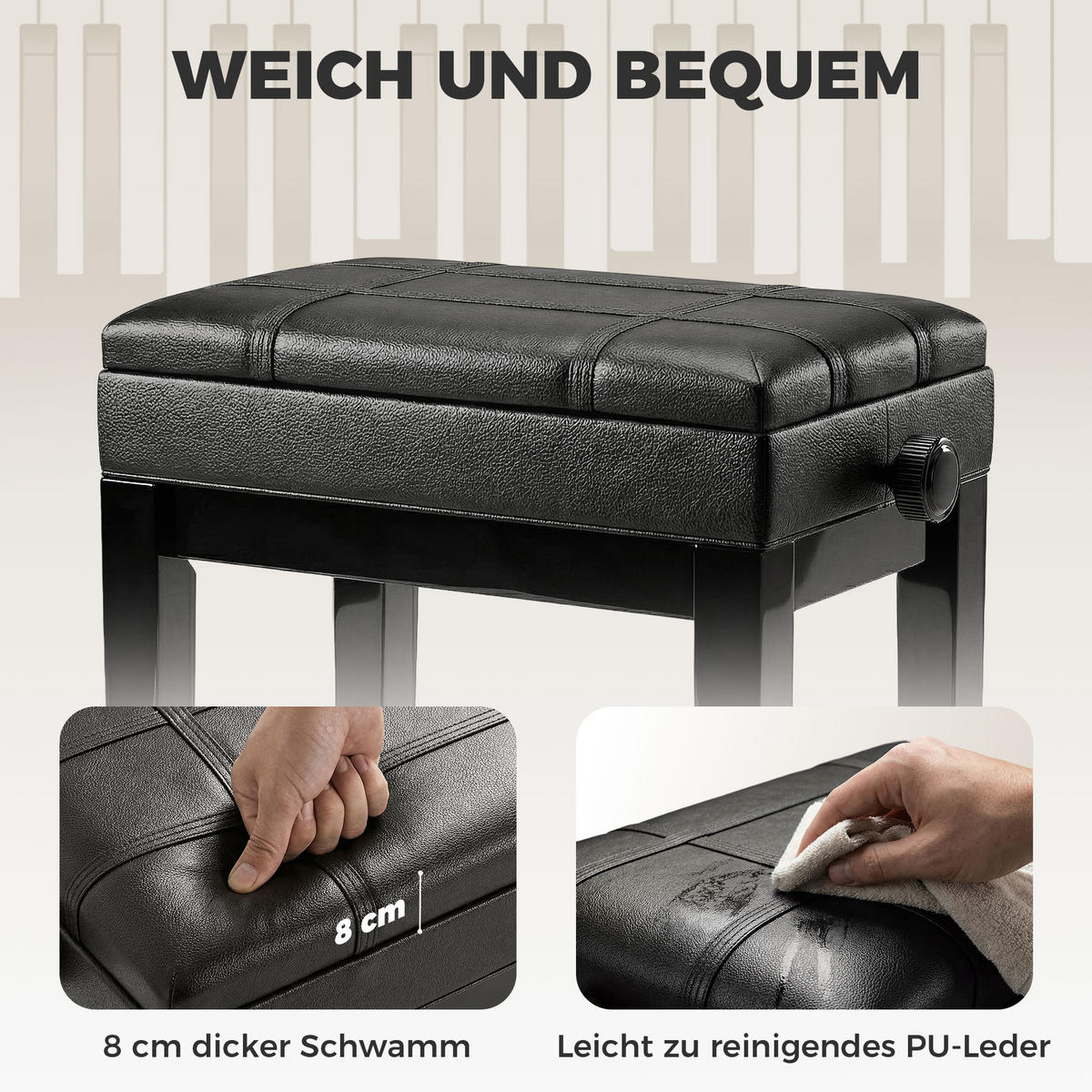 KLAVIERBANK DE-07238 mit verstecktem Stauraum und höhenverstellbar Schwarz - Schwarz, Holz (35/56/63cm) - ComfortXL