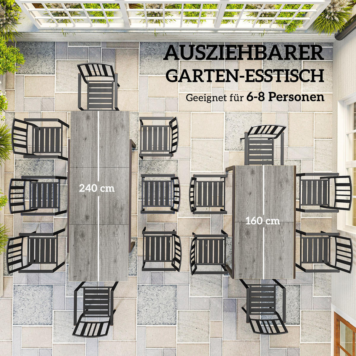 GARTENTISCH DE-07270 für 6-8 Personen mit Holzoptik Grau - Grau, Metall (240/90/74cm) - ComfortXL