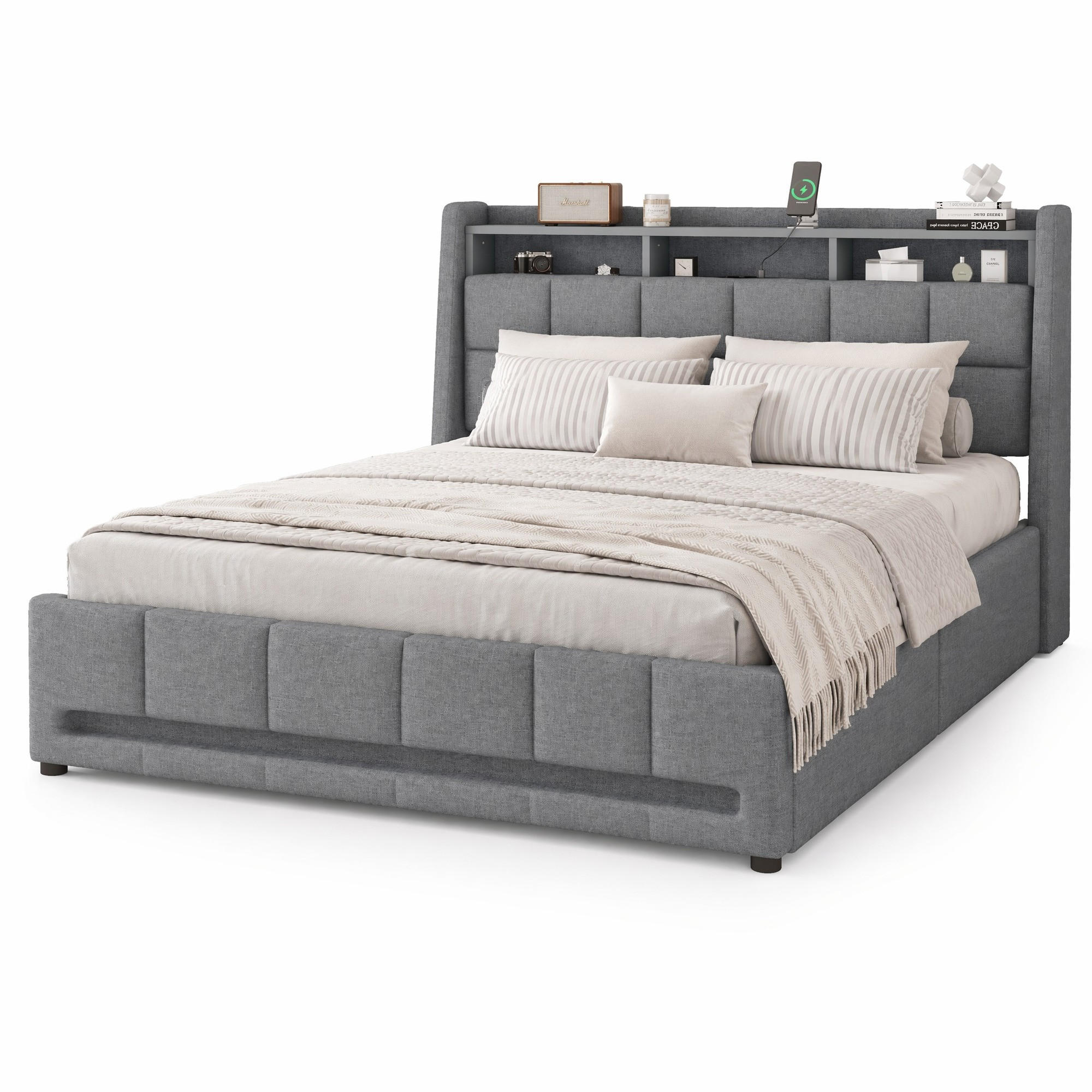 POLSTERBETT 140/200 cm in Grau mit 2 Schubladen, LED und USB Leinen - Grau, Holzwerkstoff/Textil (140/200cm) - CHICFURN