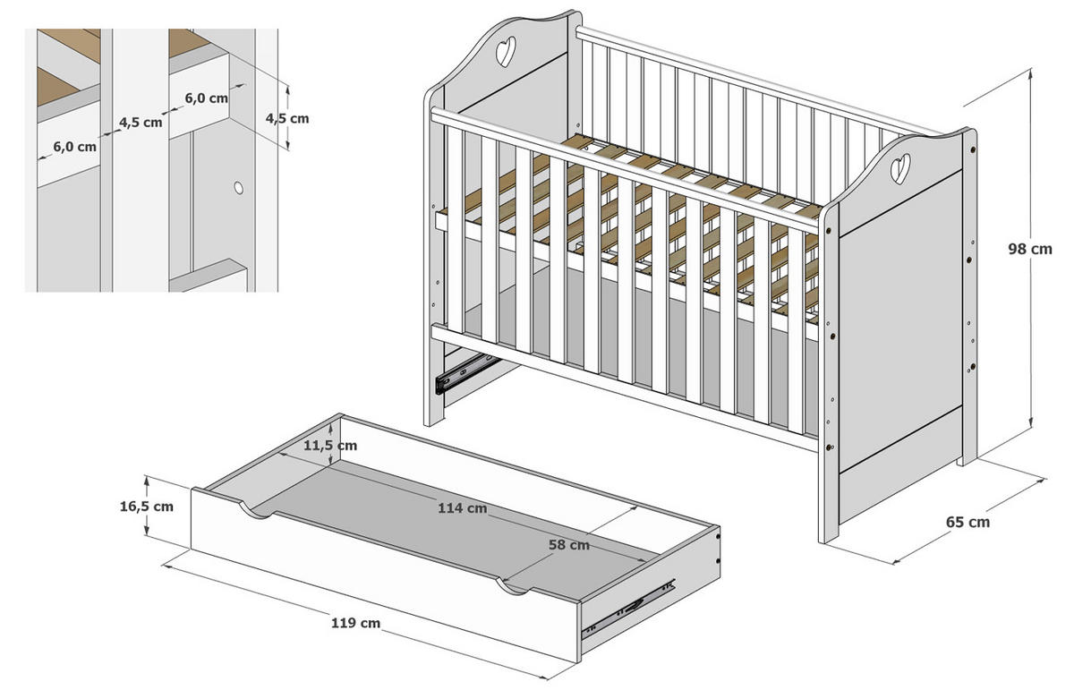 GITTERBETT Kleines Herz 2in1 mit Matratze - Weiß, Holzwerkstoff - kiki design