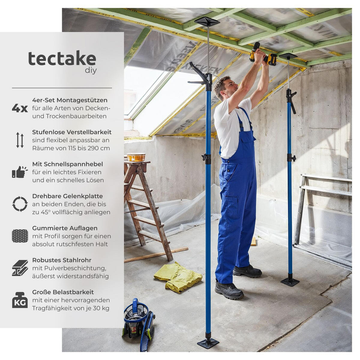 TELESKOPSTÜTZEN 4er Set, mit Schnellspannsystem, blau - Blau, Textil - tectake