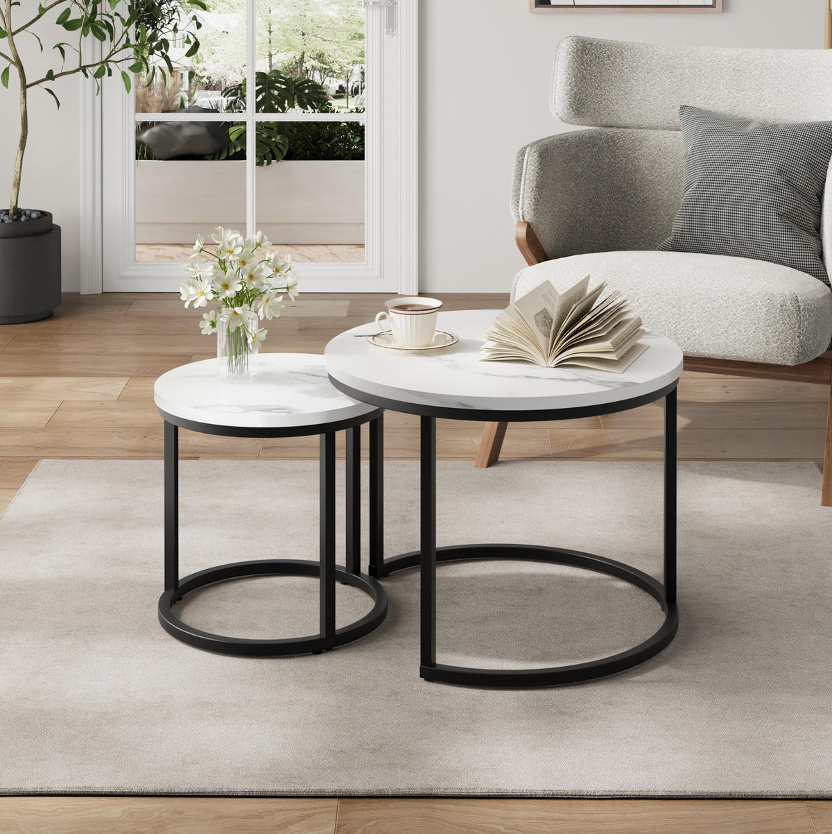 COUCHTISCH-SET 60/60/45 cm & 40/40/40 cm in Weiß mit Metallgestell, 2-teilig - Weiß, Holzwerkstoff (60/60/45cm) - Flora Grace