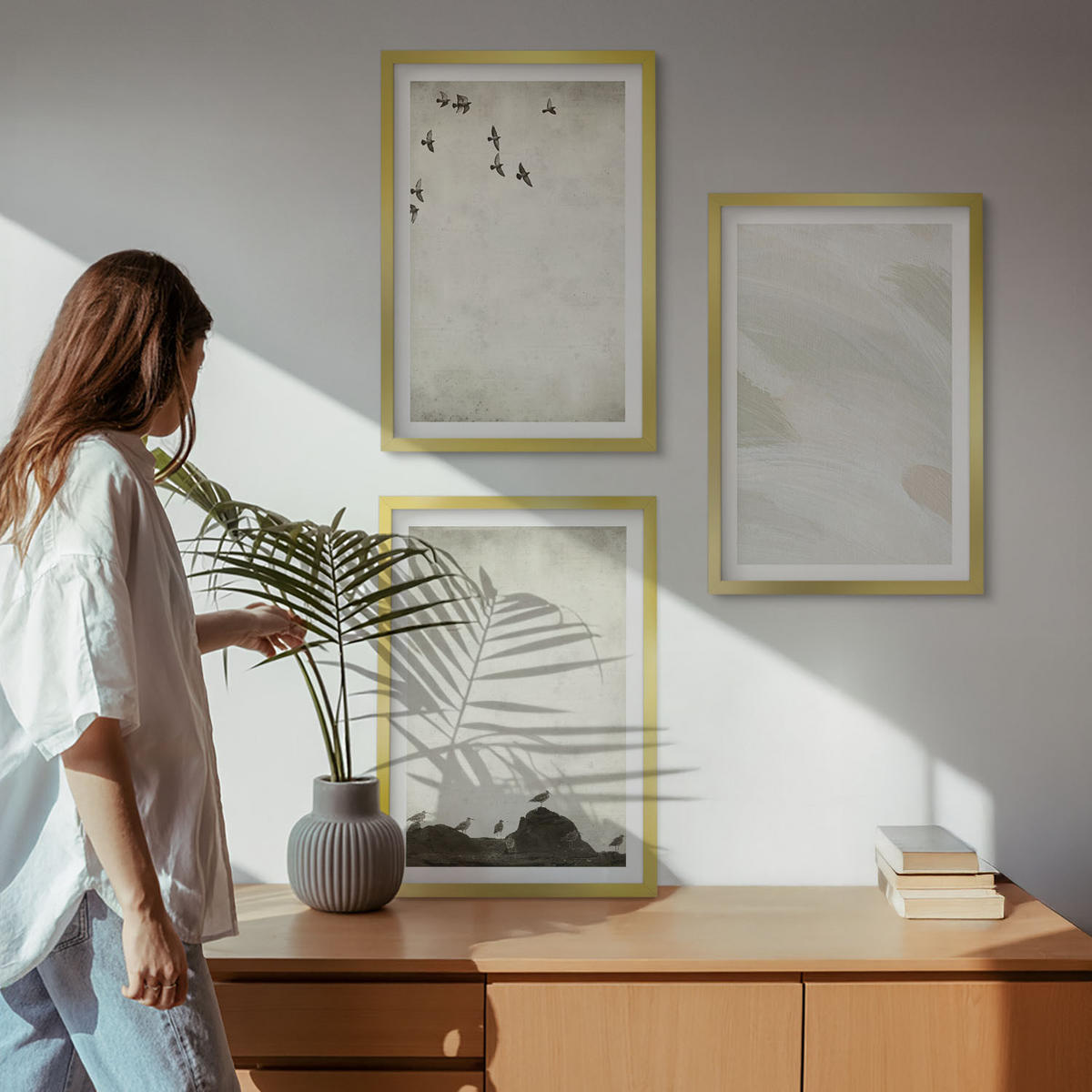 WANDBILDER 3er Set - 40x60 cm Goldrahmen - Vögel, Steine, Pinselstriche, Verzierungen - Goldfarben, Kunststoff (40/60cm) - ArtPrintCave