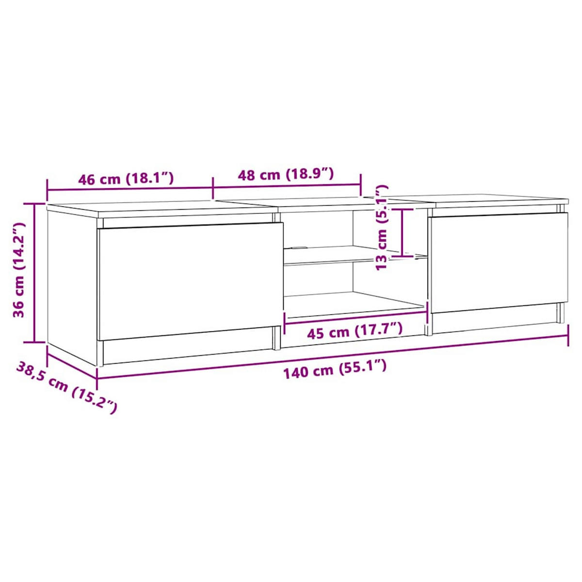 LOWBOARD mit Led-Leuchten 140/40/36 cm aus Holzwerkstoff in Grau Sonoma Dekor - Silbereichenfarben, Holz (140/36/40cm) - vidaXL