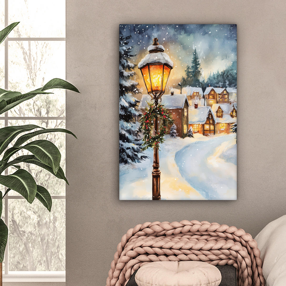 LEINWANDBILD Weihnachtsdorf - Häuser - Schnee - Weihnachten 40x60 cm - Sandfarben, Textil (40/60cm) - MuchoWow