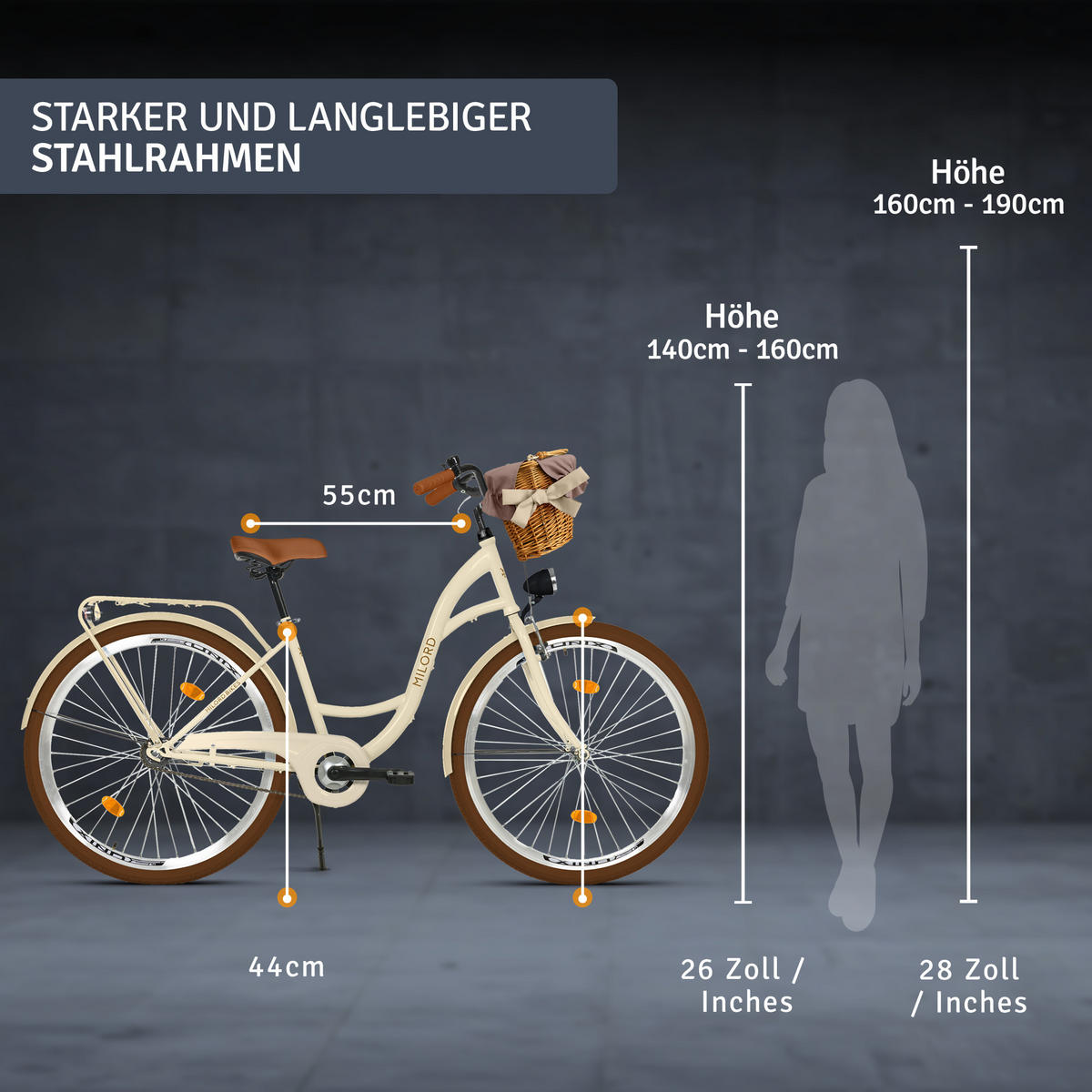 CITY-FAHRRAD Milord mit Weidenkorb, 28 Zoll, Braun-Creme, 7-Gang - Creme/Braun, Metall (46cm) - Milordbikes