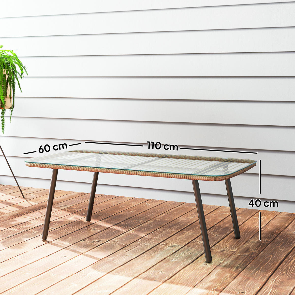 GARTENBEISTELLTISCH DE-13632 rechteckig mit Glasplatte, Holzoptik Natur - Naturfarben, Metall (110/60/40cm) - ComfortXL