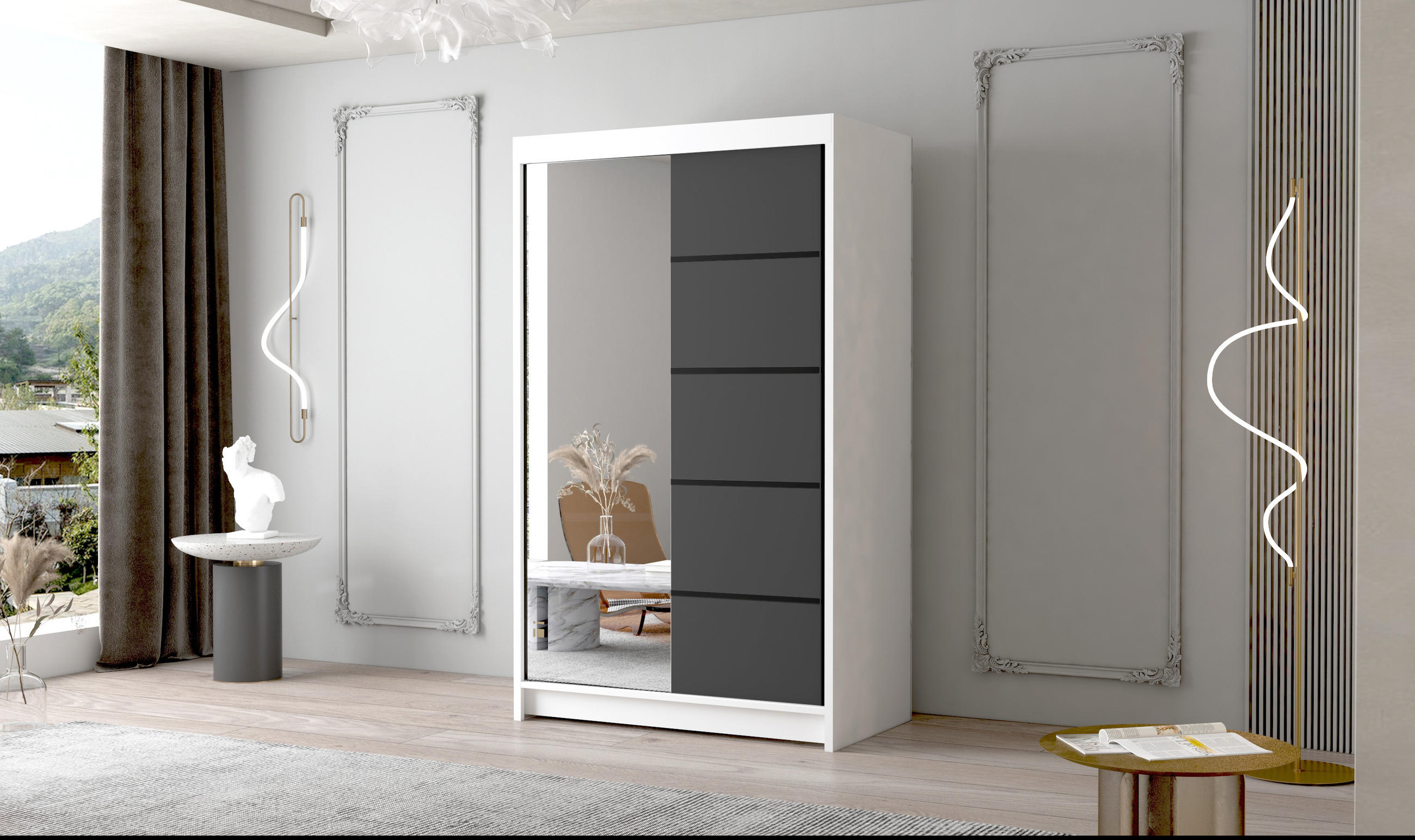 SCHWEBETÜRENSCHRANK Letto III - 100 cm - Schwarz/Weiß, Holzwerkstoff/Metall (100/200/58cm) - Sofnet
