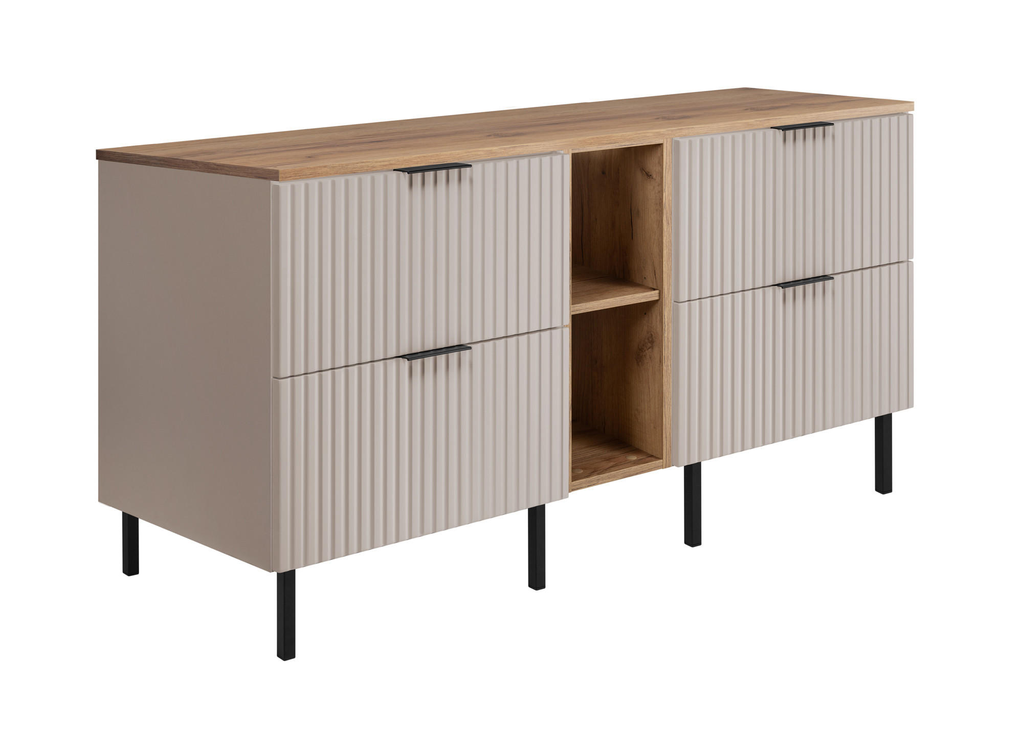 BADEZIMMERSCHRANK, Kaschmir / Gold Craft Eiche, Schwarze Griffe, 140 x 77 x 46 cm - Kaschmir/Eichefarben, Holzwerkstoff (140/77/46cm) - 3XE LIVING