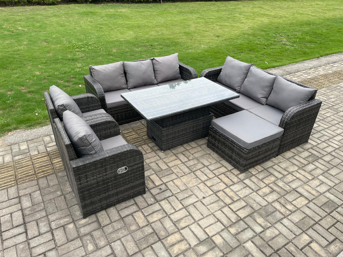 SITZGRUPPE GARTENSET Polyrattan Outdoor 9-Sitzer - Dunkelgrau/Grau, Glas/Kunststoff - Fimous
