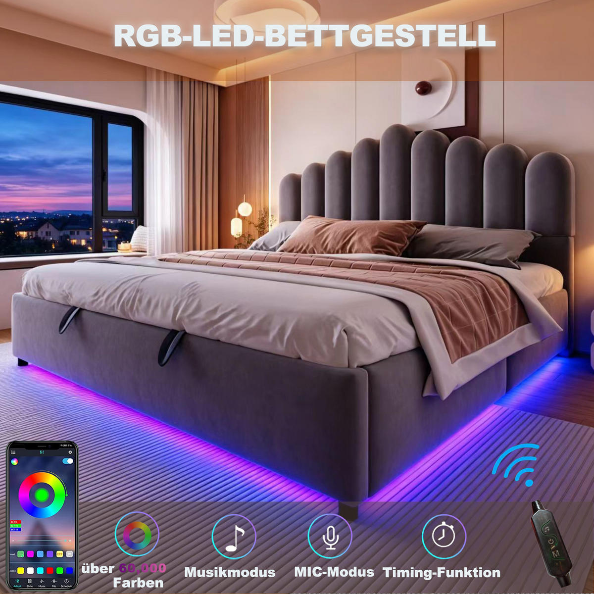 POLSTERBETT 180/200 cm in Grau mit Bettkasten, LED und Samtbezug - Grau, Holzwerkstoff/Textil (180/200cm) - STILVORA